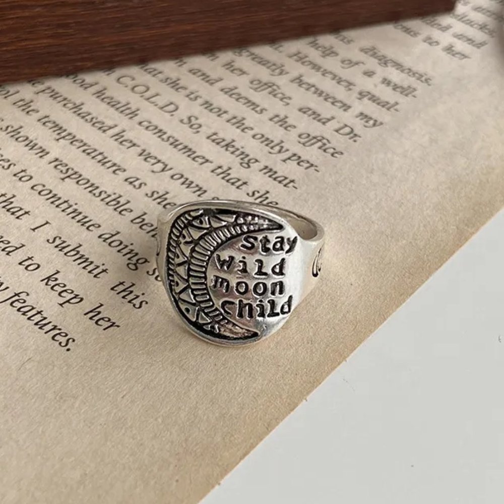 Stay Wild Moon Child Stamped Aged Silver Celestial Boho Hippie Ring NEW